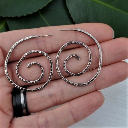 Cheyenna - Silver Prophecy Jewelry - Antiqued Silver, Gift for her, Gunmetal Silver, Hammered Silver, Handmade, Lightweight Jewelry, Patina Jewelry, Post Earrings, Simple Stud Earrings, Spiral Earrings, Sterling Silver - Post Earrings