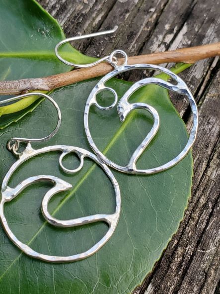 NC Region Coastal Hoops - Silver Prophecy Jewelry - Beach Jewelry, Dangle Earrings, Hammered Silver, Handmade, Lightweight Jewelry, North Carolina, Sterling Silver, Wave scene - Dangle Earrings